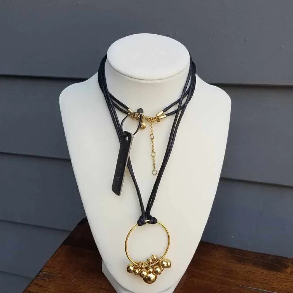 NWT J Crew Black Cord Circle Charm Necklace with Balls